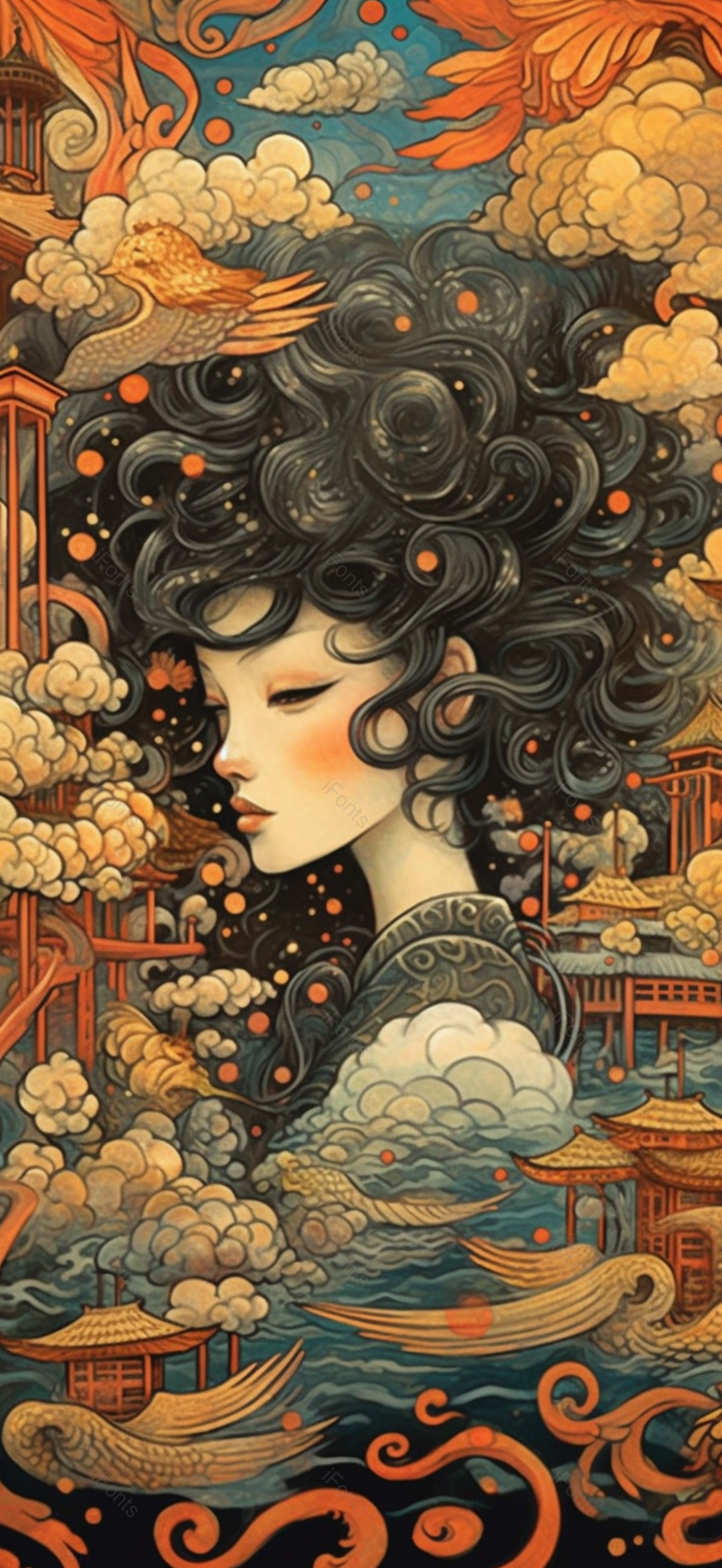 神话女人头像画古典祥云国潮风中国风传统文化节日插画,插画/手绘图,插画/手绘图库,插画/手绘图下载,插画/手绘
